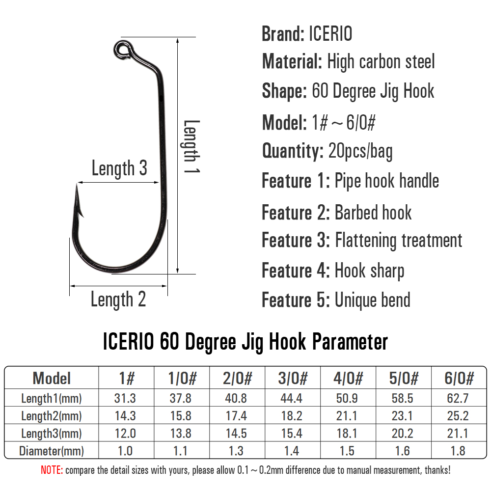 ICERIO 20 Chiếc 60 Độ Jig Móc  - đánh giá và giá Fishing Hook Barbless